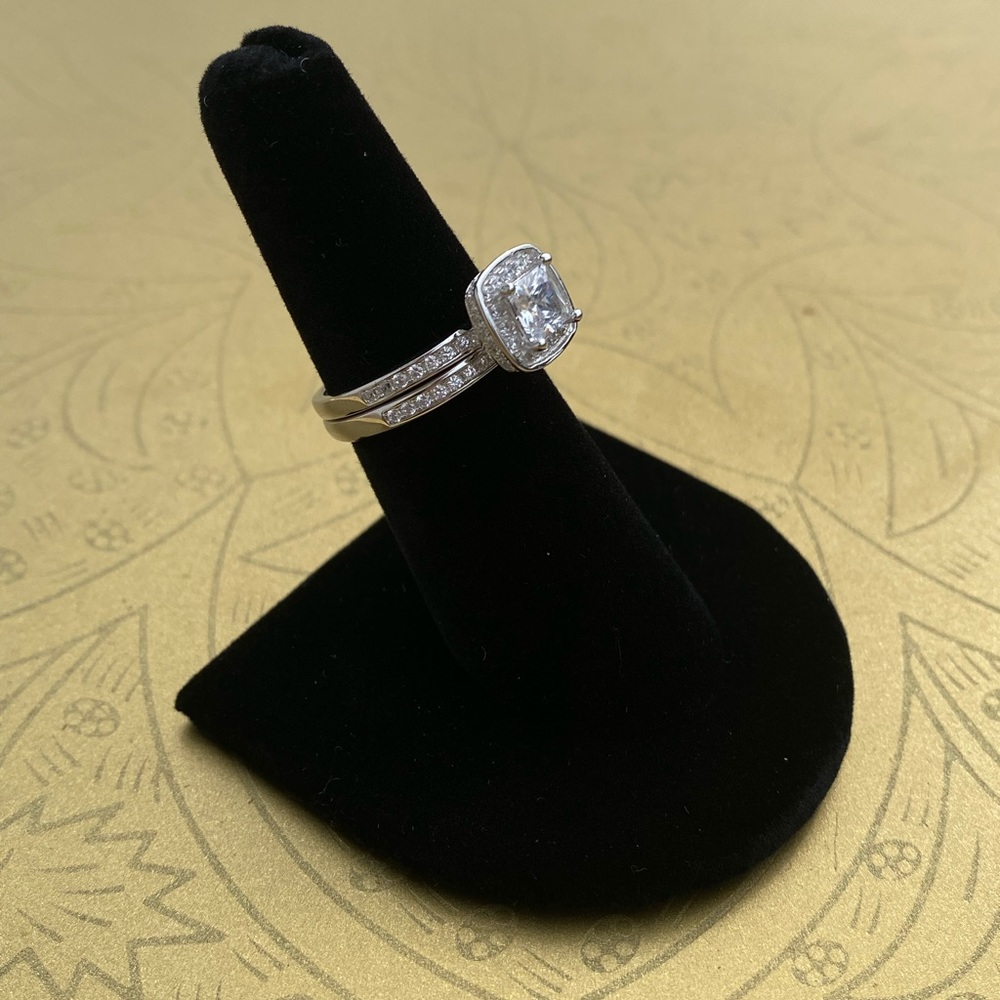Wedding Ring Cushion Set Engagement Sterling Silver CZ Diamond Size 7, 8